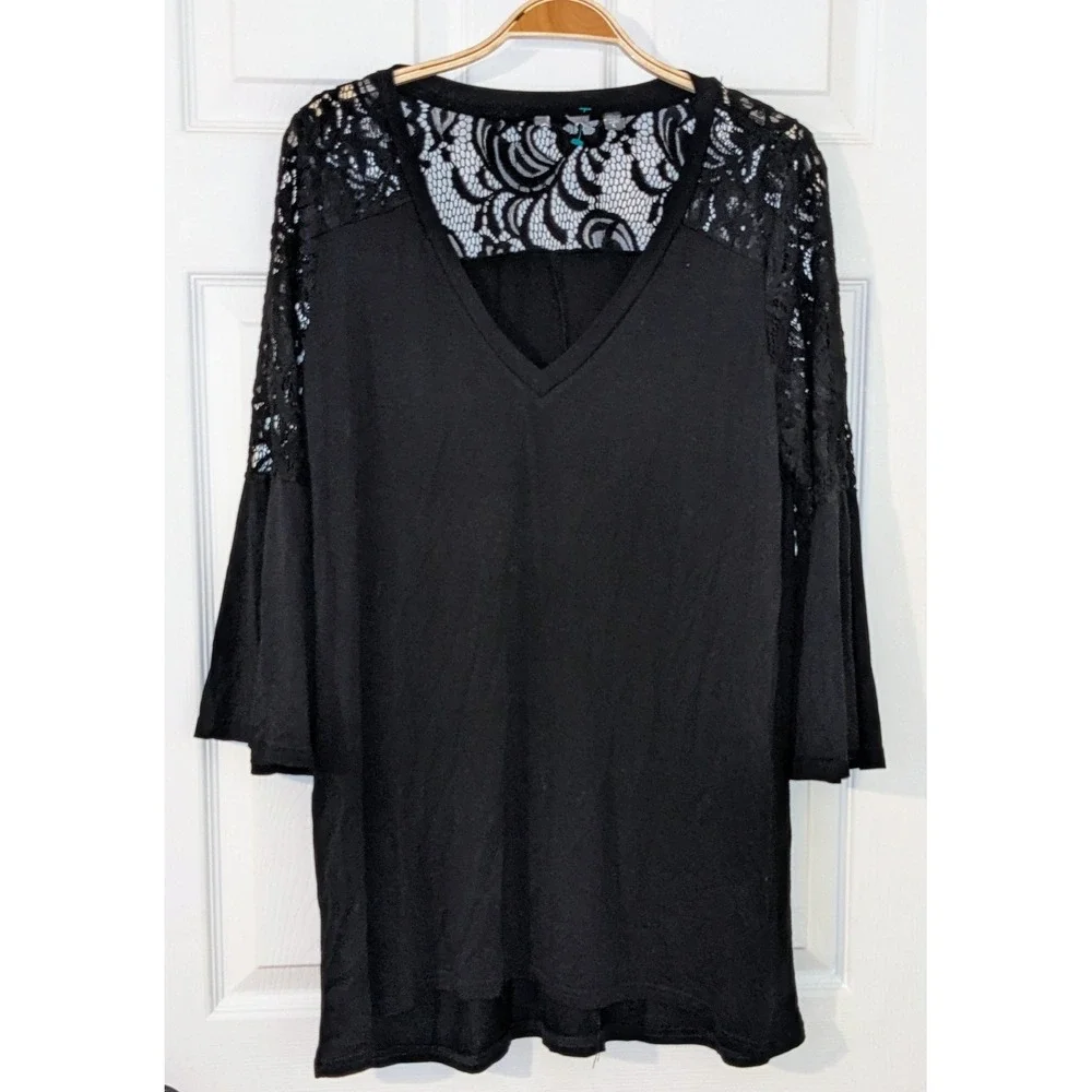 Evolution Lace Bell Sleeve Top‎ V-Neck Blouse Elegant Party Top Black Size L